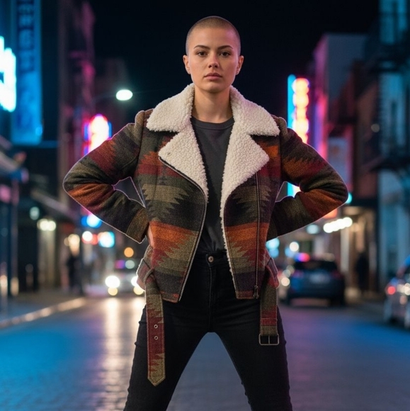 β¨οΈUNICORN! RARE! HTF! Free People Western Moto Sherpa Crop Zip Aztec Jacket - Picture 1 of 15